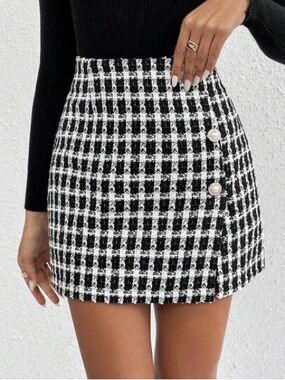 Frenchy Plaid Pattern Button Detail Tweed Asymmetrical Button Skirt